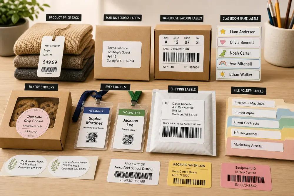 Printable label examples for address labels, product labels, inventory labels, and badges